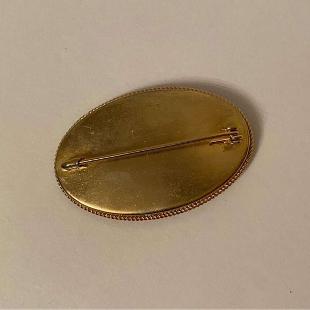 BROOCH PIN GOLD TONE VINTAGE OVAL VENETIAN MOSAIC FLORAL WHITE ORANGE RED GREEN - Picture 5 of 12